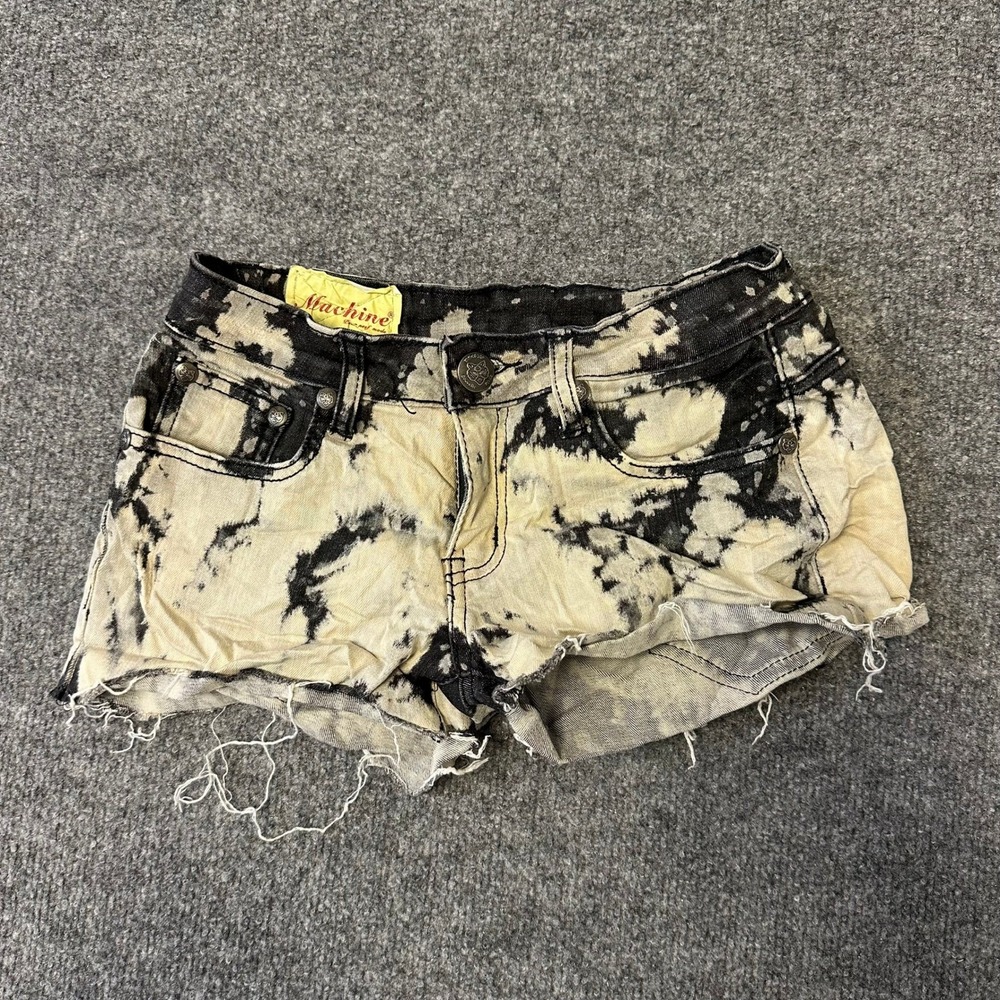 Machine Denim Shorts Womens Size S Black White Acid Wash Cutoff Stretch DMG-2041